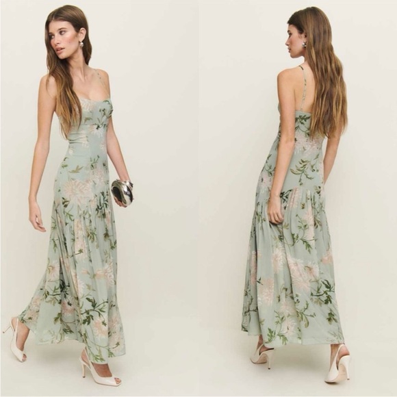 Reformation Dresses & Skirts - Reformation Catana Floral Georgette Drop Waist Maxi Dress Pergola Green Size 2